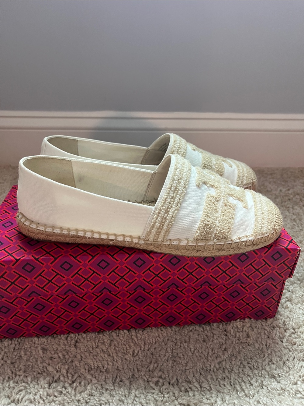 Tory Burch Cream Woven Espadrille Loafers - Picture 5 of 9